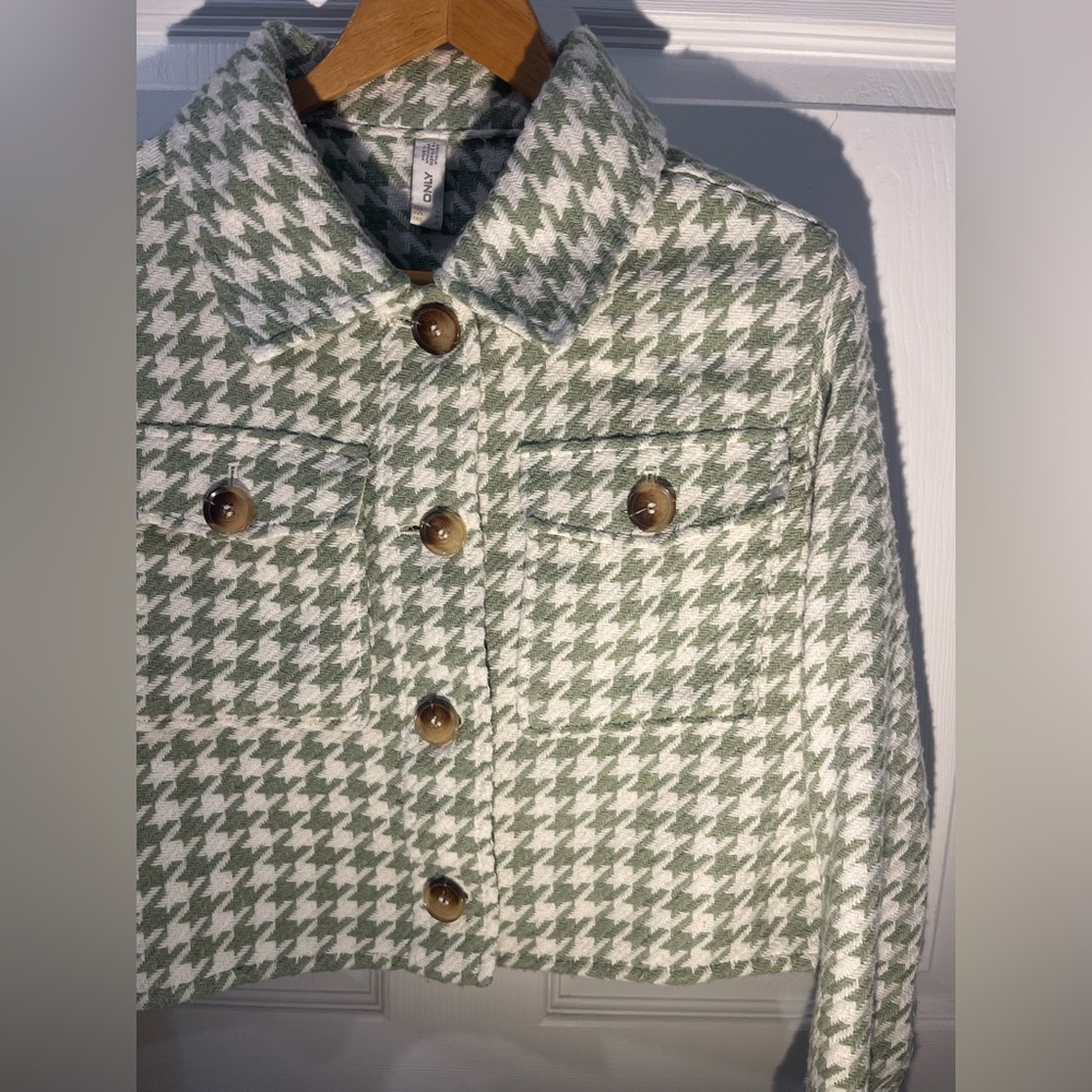 Only Green Houndstooth Button Down blazer cropped women jacket small ganna style - Picture 4 of 11
